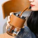 Glass Tumbler Cup With Lid and Straw Leather Sleeve For Hot and Cold Beverages G… more